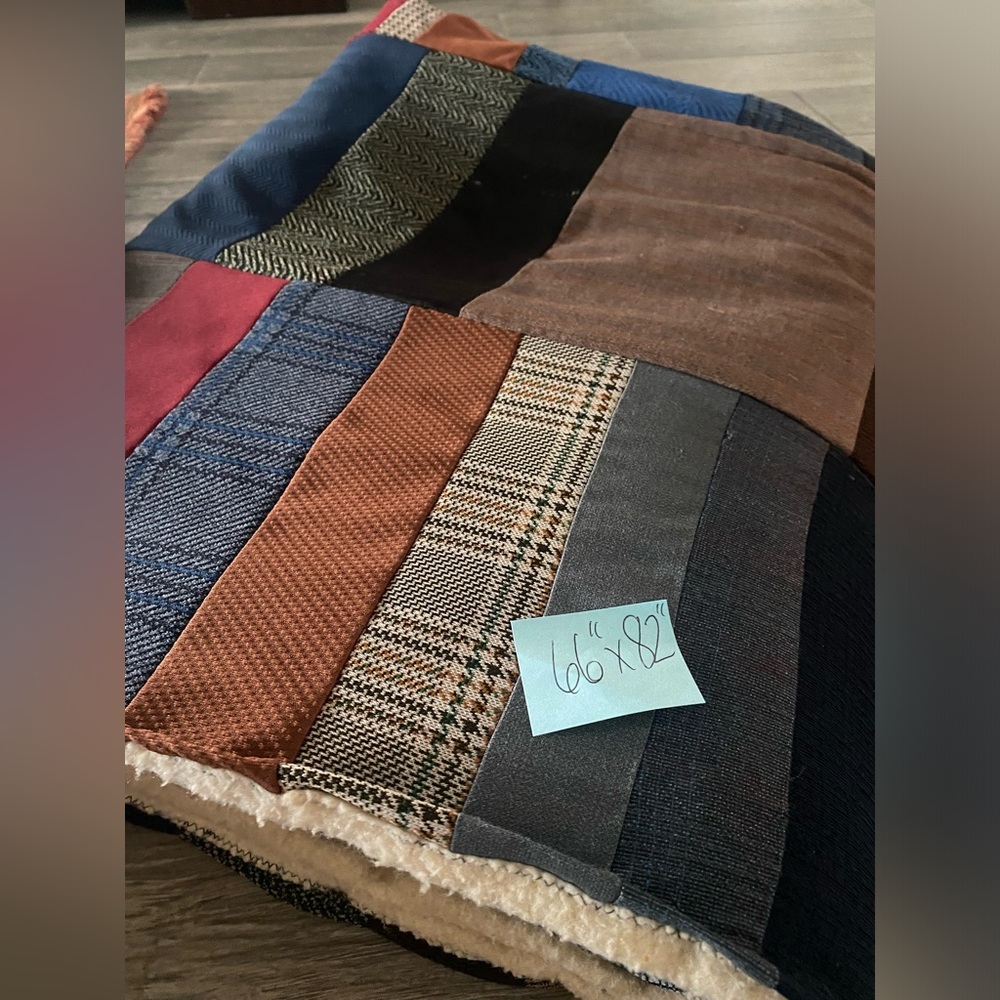 Multi Color Men’s Suit Patchwork Quilt with a sherpa Backing 66”/82”